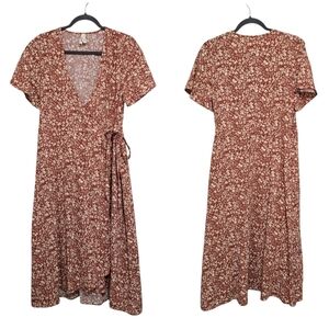 Pact Organic Cotton Wrap Mini Floral Rusty Orange Midi Dress